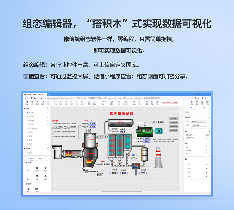 低成本PLC云網(wǎng)關(guān)：組態(tài)編輯器，“搭積木”式實現(xiàn)數(shù)據(jù)可視化